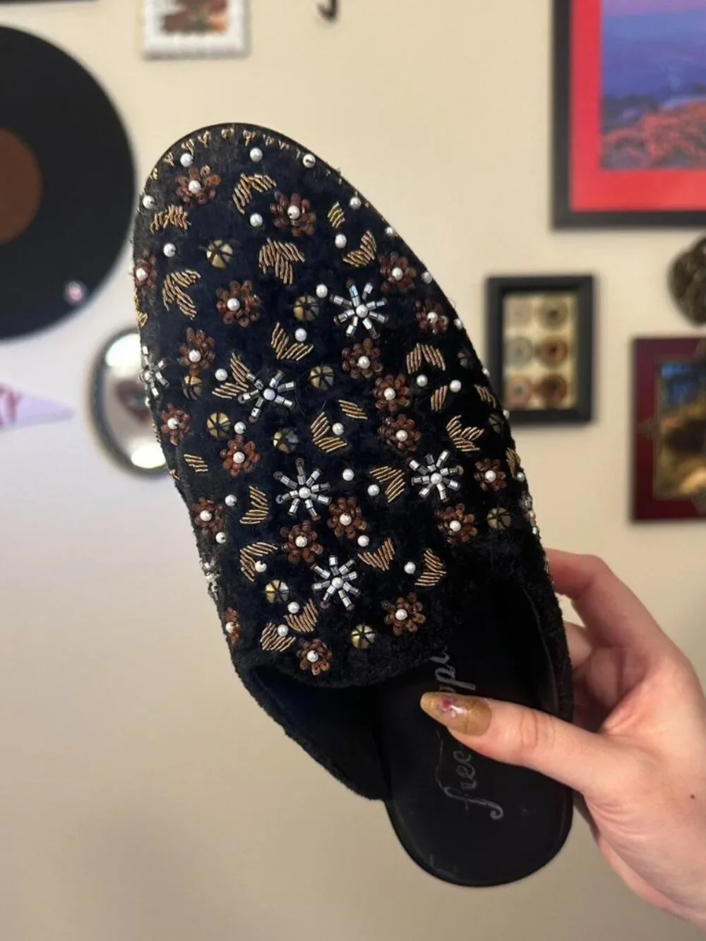 Free People Dark Blue Velvet Cosmic Loafer Mules